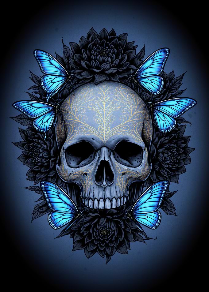 Skull with Blue Butterflies and Flowers