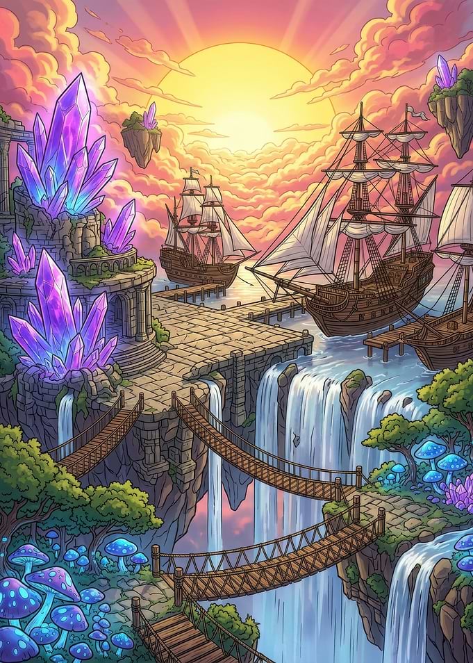 Fantasy Floating Crystal Harbor at Sunset