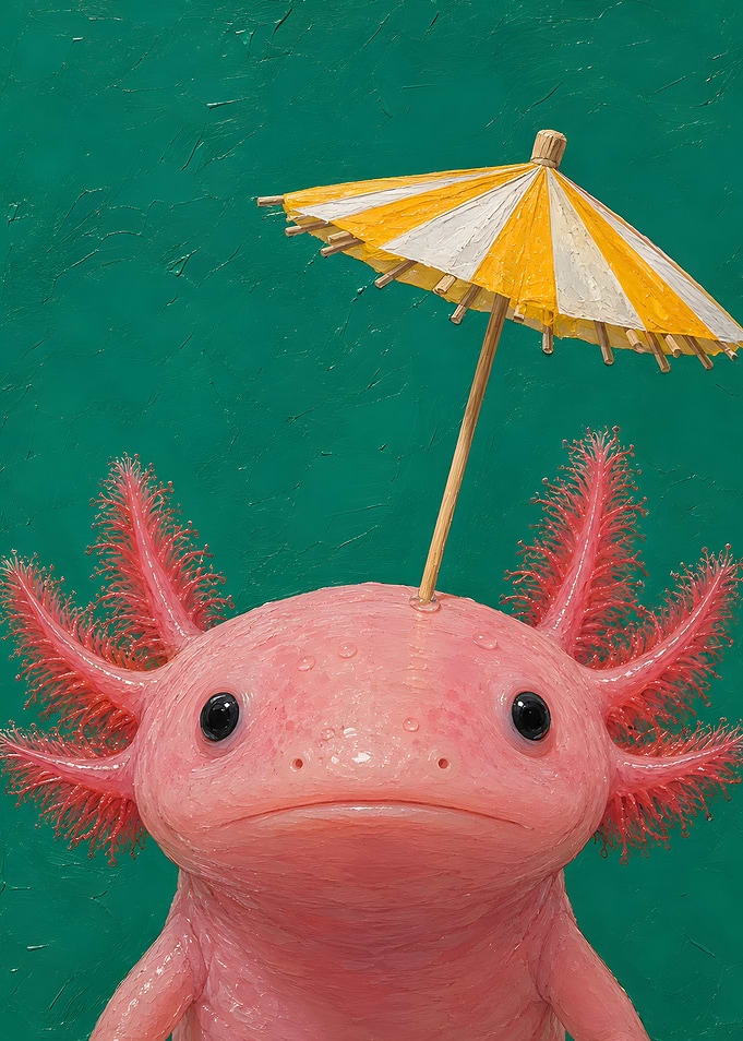Cute Axolotl with Yellow Umbrella
