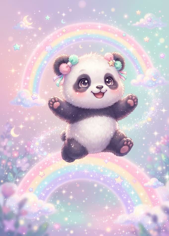 Cute Baby Panda in Magical Sky