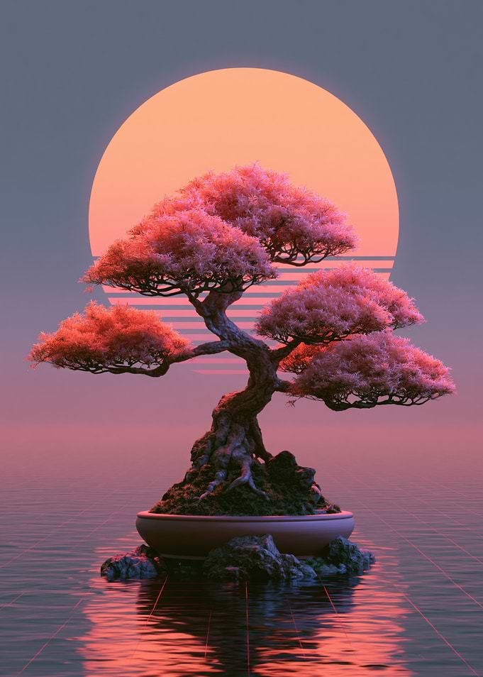 Synthwave Bonsai Tree at Sunset