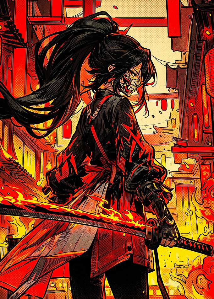 Anime Warrior with Flaming Katana