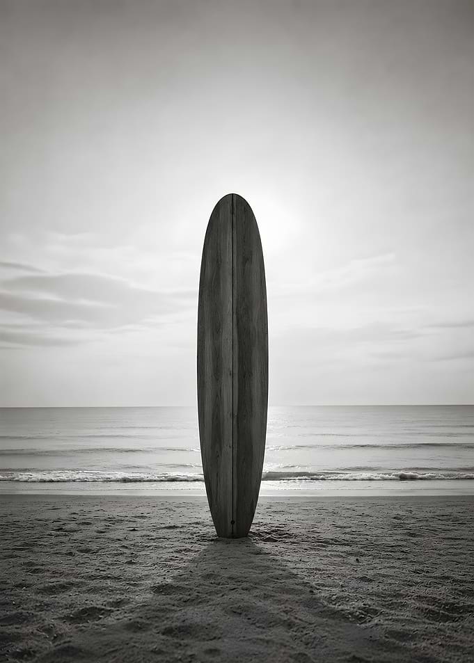 Wooden Longboard Surfboard in the Sand