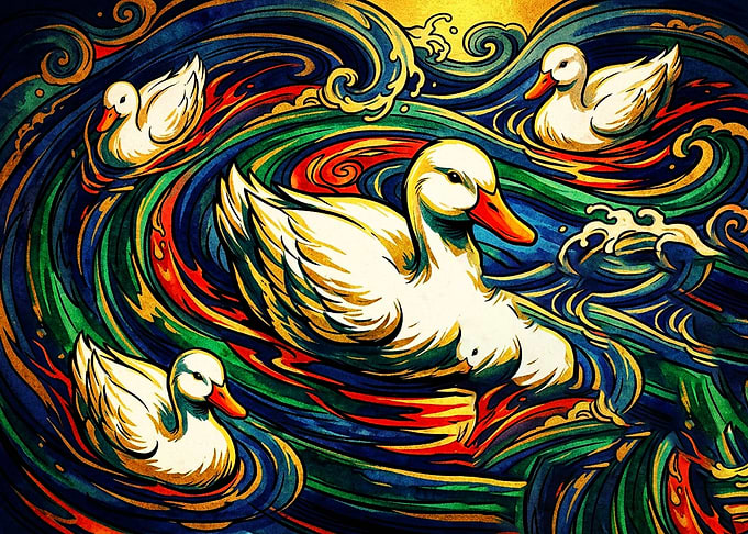Stylized Ducks in Swirling Water