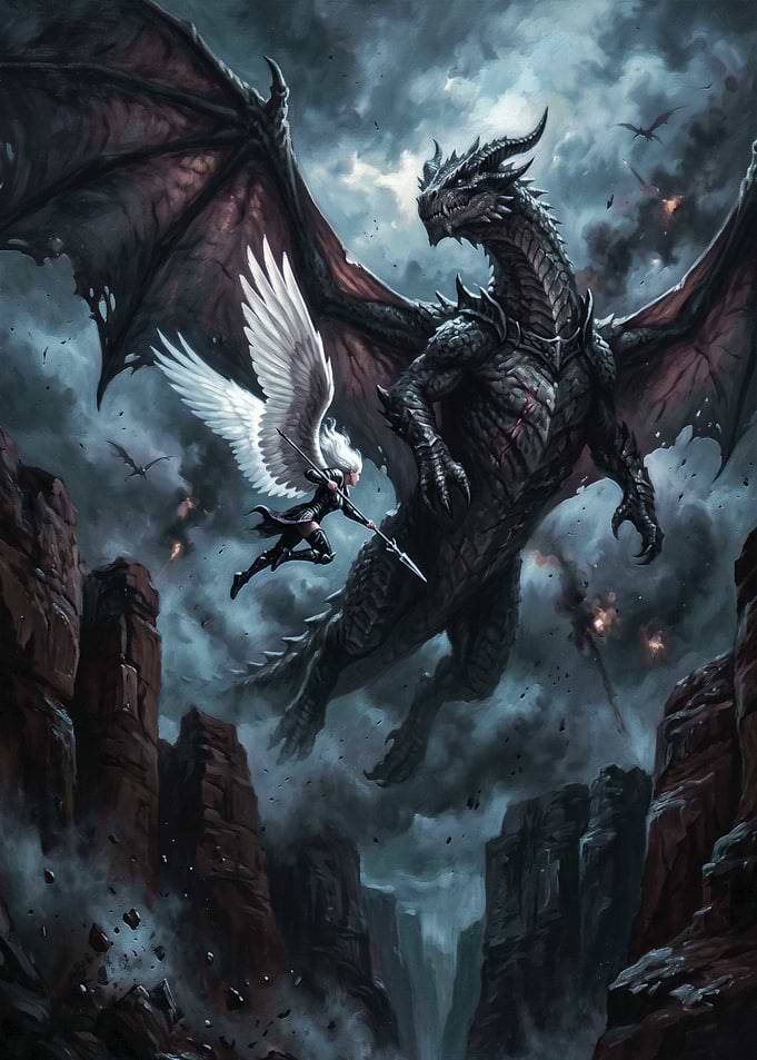 Angel Warrior Battling Dark Dragon