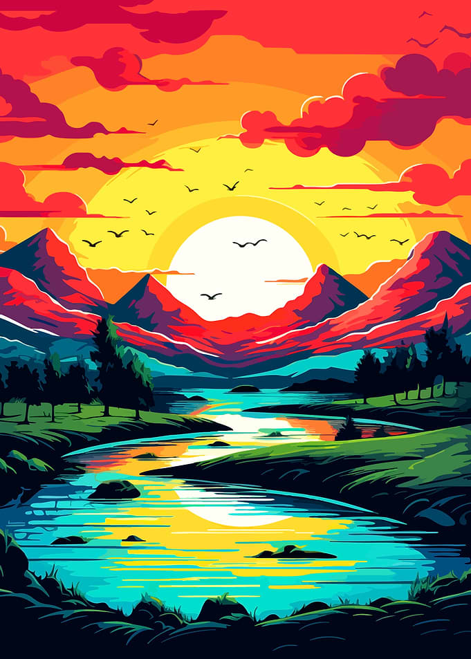 Vibrant Sunset Mountain River Landscape