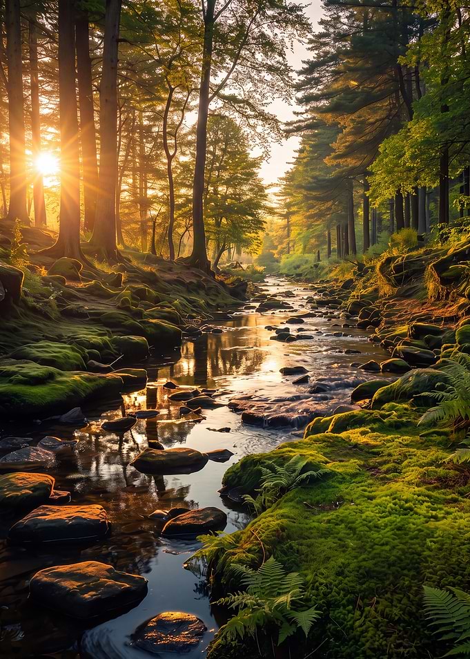 Golden Sunset Over Mossy Forest Stream