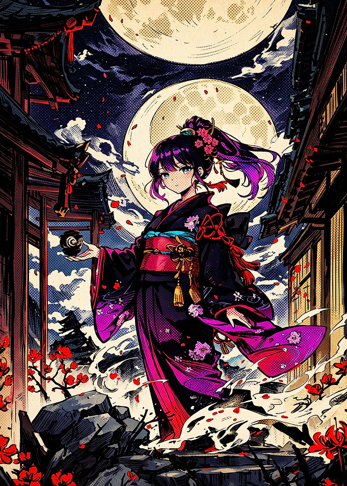 Anime Girl in Kimono Under Moon