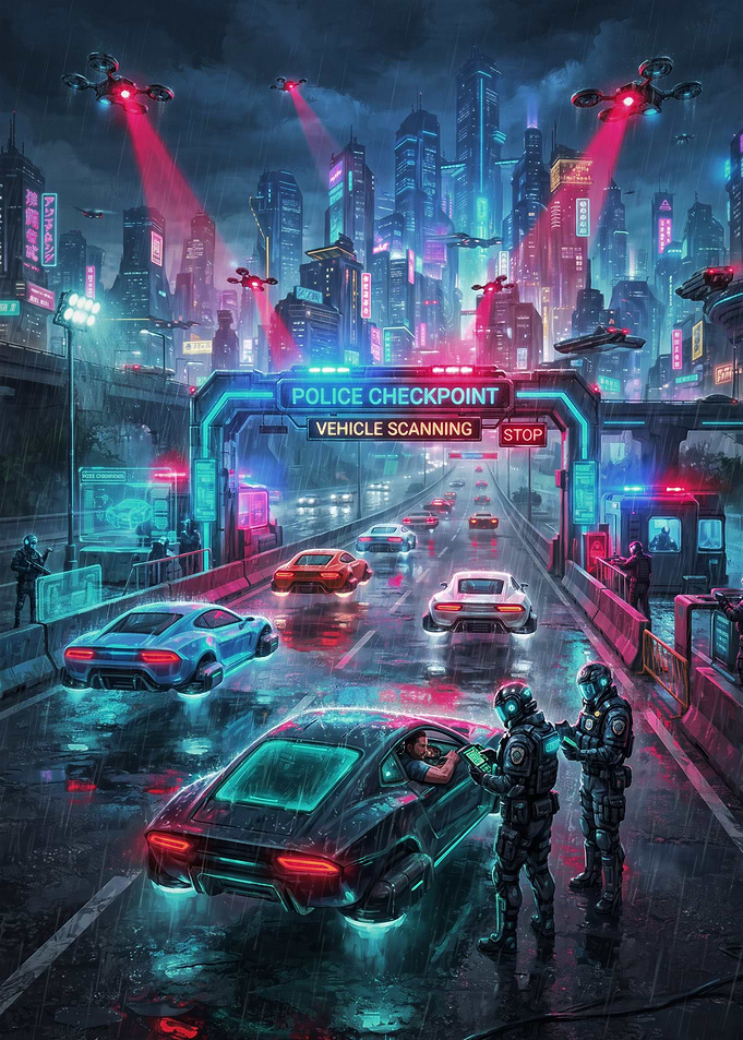 Futuristic Police Checkpoint in Rainy City