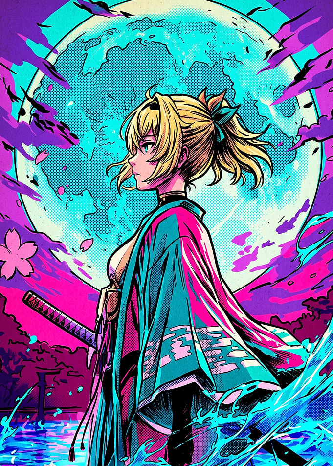 Anime Samurai Girl Under Full Moon