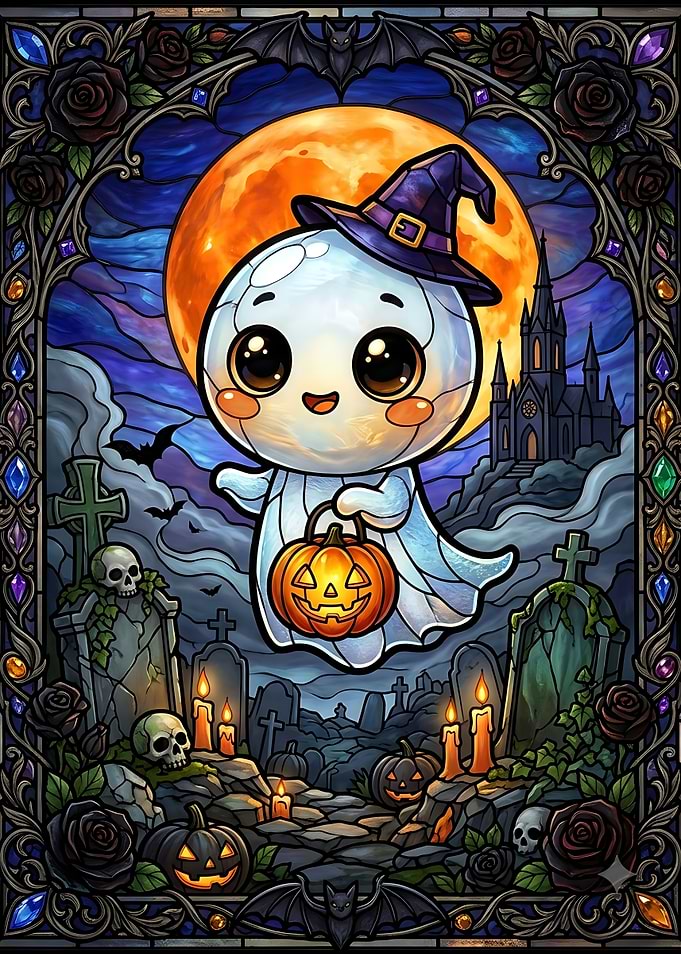 Cute Ghost Halloween Stained Glass Art