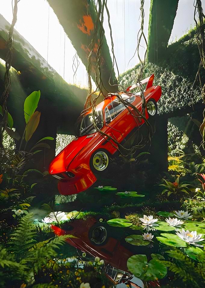 Red Vintage Car in Tropical Ruins