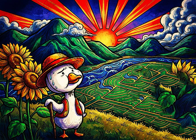 Sweating Duck in Straw Hat Landscape