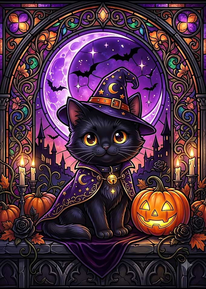 Cute Black Cat Witch Halloween Illustration