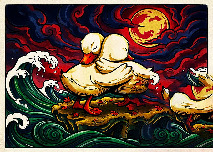 Two Ducks Hugging Under Red Moon