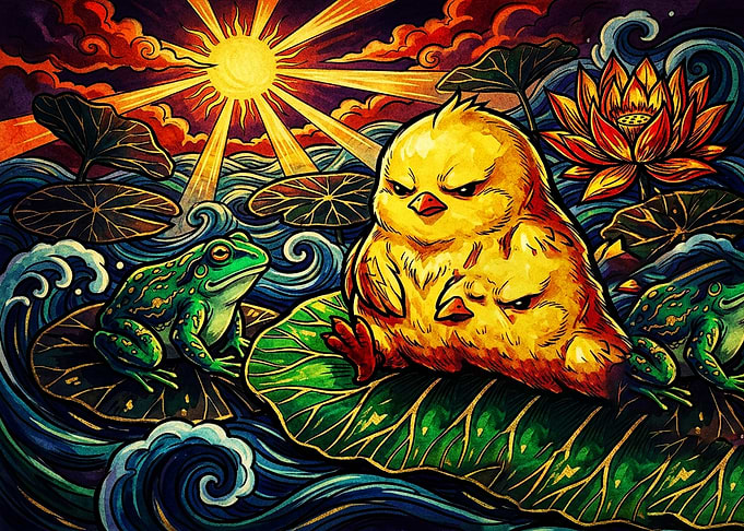 Grumpy Chick and Frogs on Pond