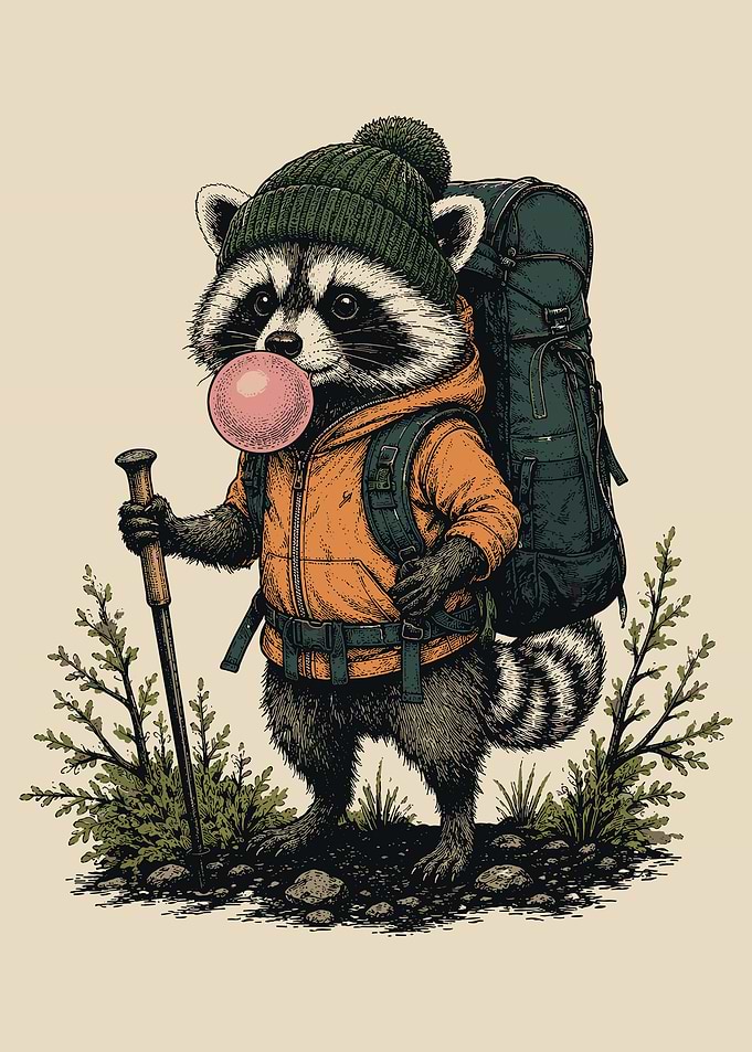 Hiking Raccoon with Bubblegum