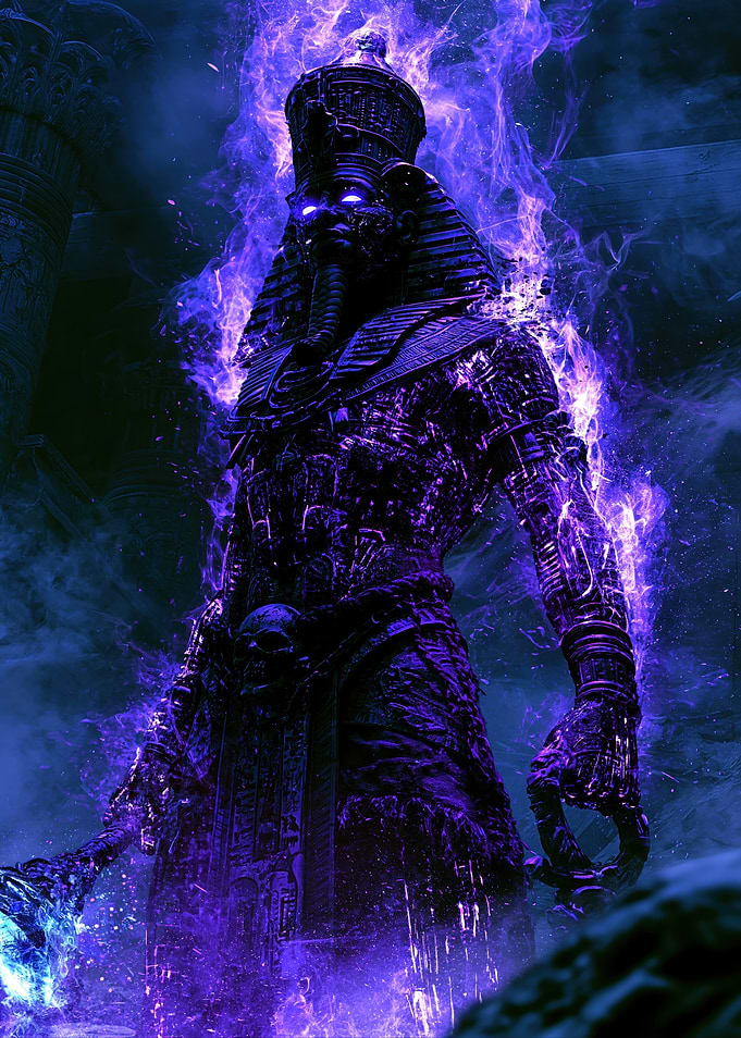 Ethereal Pharaonic Warrior in Purple Flames