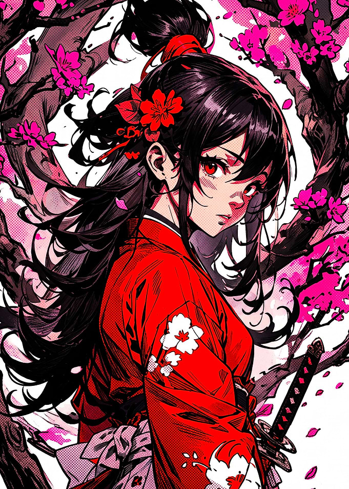 Anime Girl Samurai with Cherry Blossoms