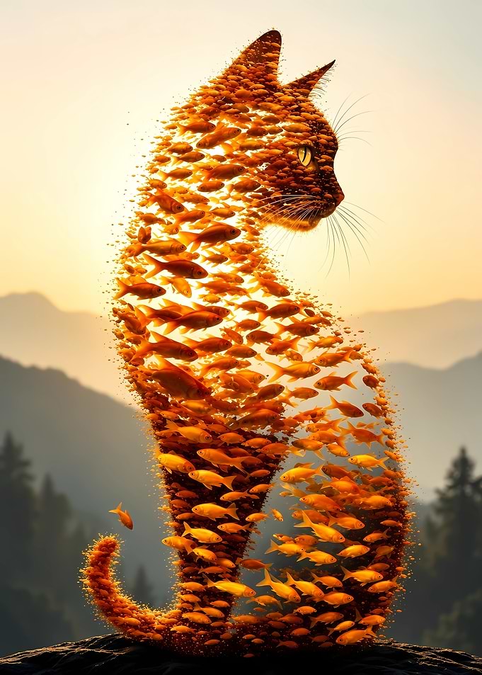 Cat Silhouette Made of Goldfish