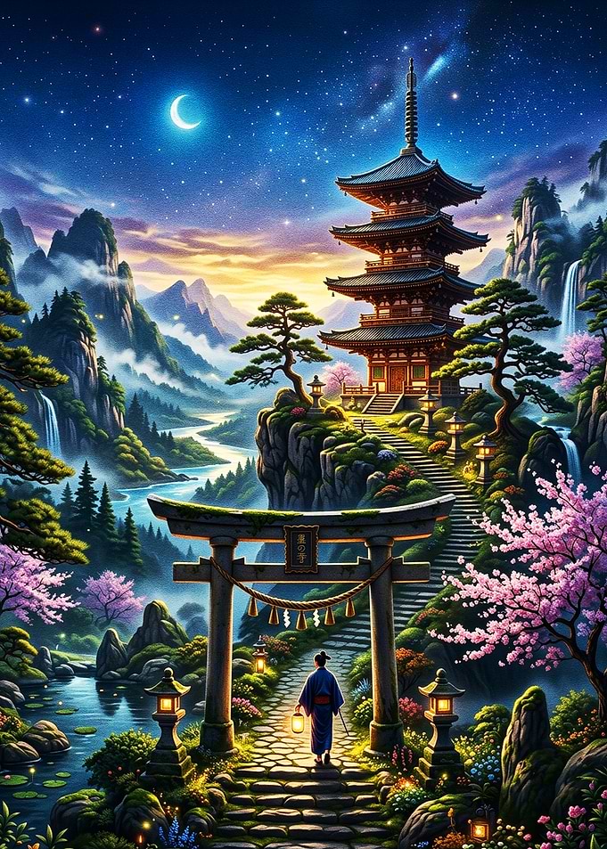 Moonlit Japanese Pagoda