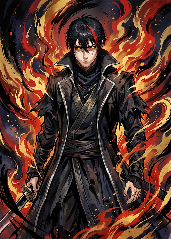 Anime Warrior Surrounded by Fire