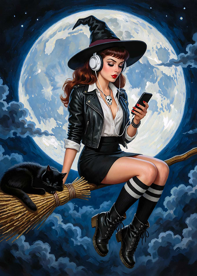 Modern Witch with a Phone on a Broomstick