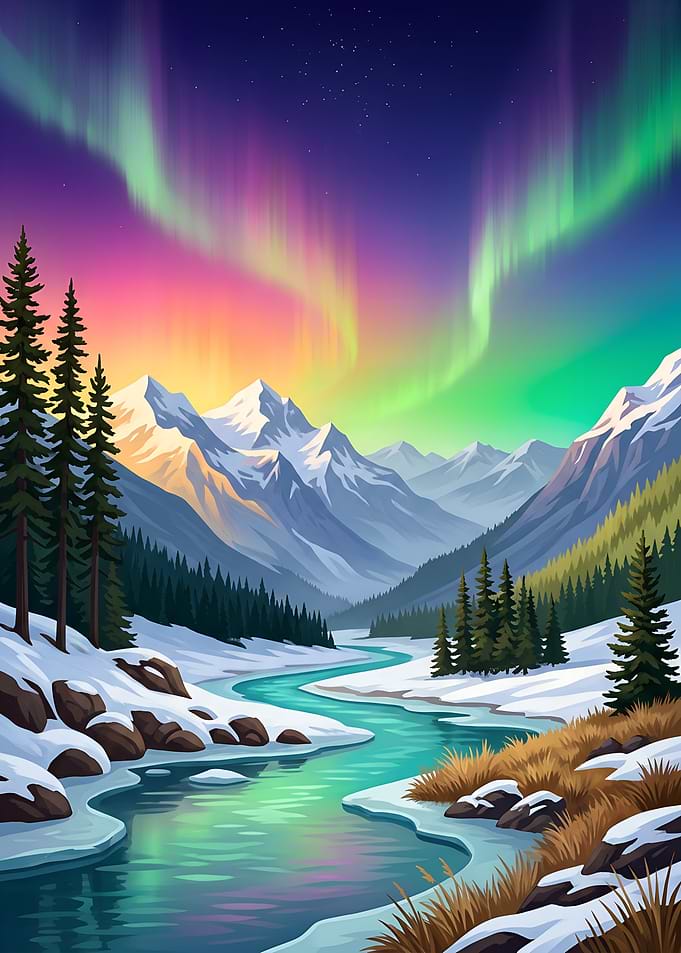 Aurora Borealis Over Snowy Mountains Nature