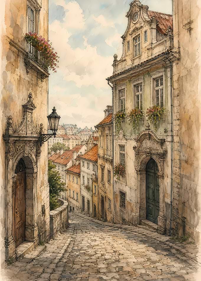 Watercolor European Cobblestone Street Scene