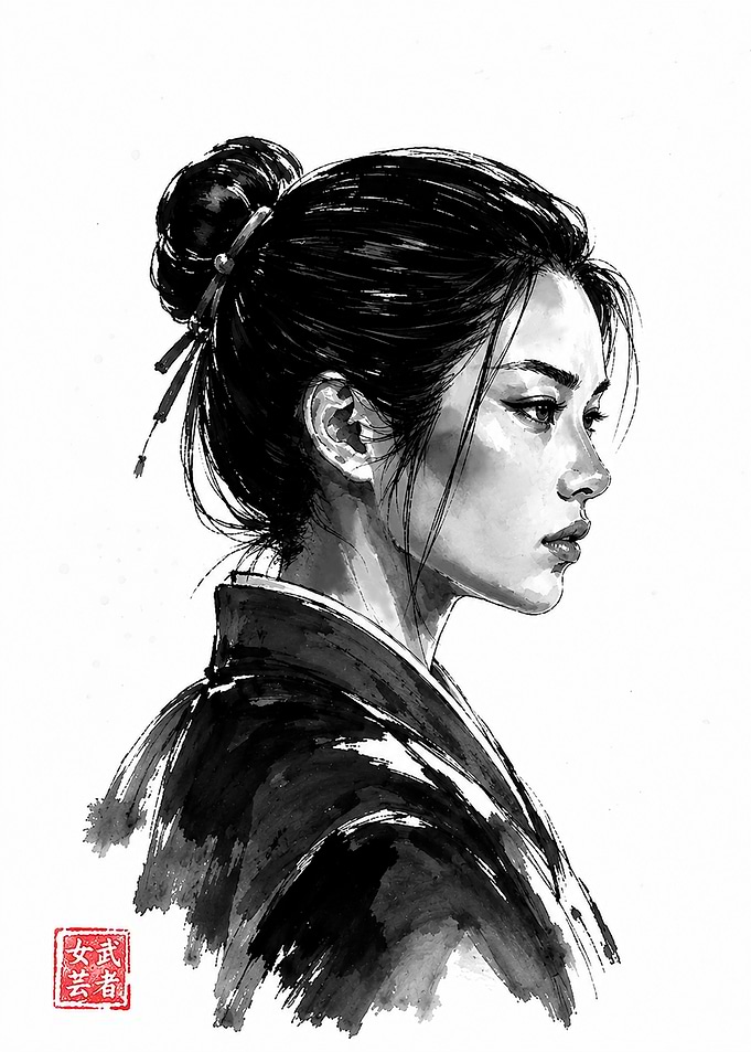 Ink Wash Portrait of Japanese Woman