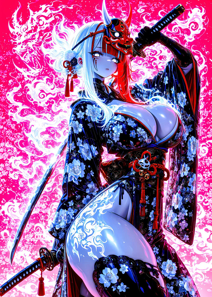 Oni Mask Samurai Girl Digital Art