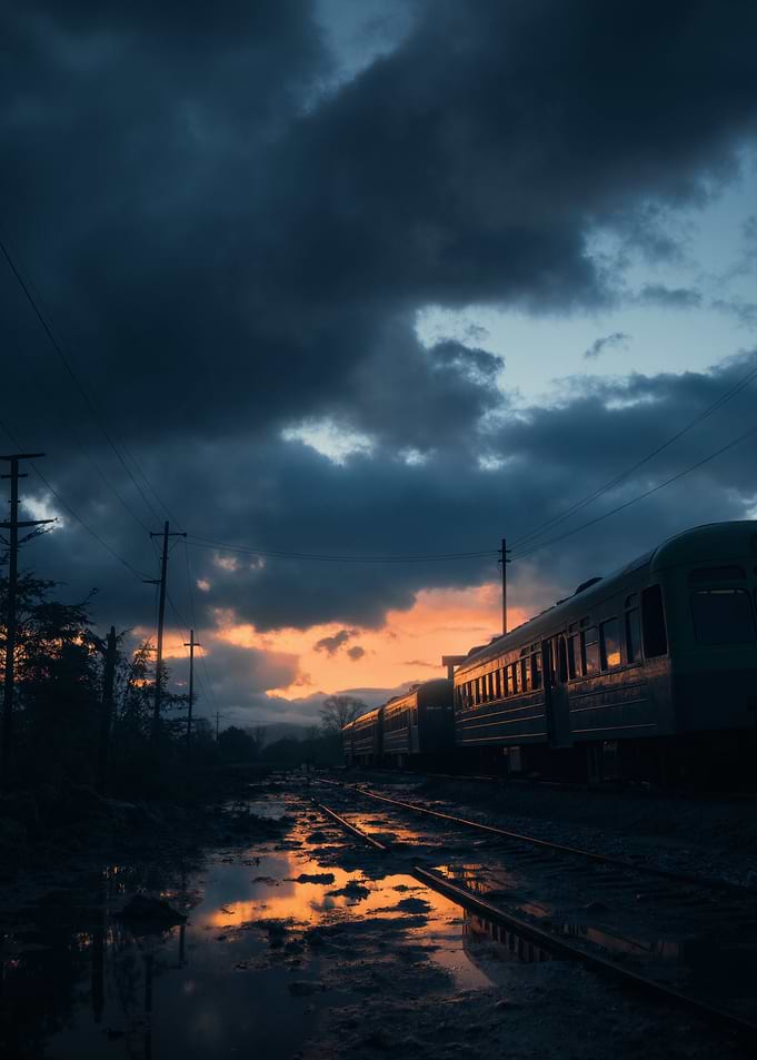 Train at Sunset on Flooded Tracks