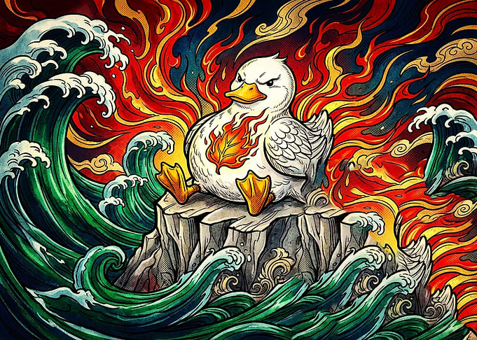 Angry Duck Amidst Fire and Water