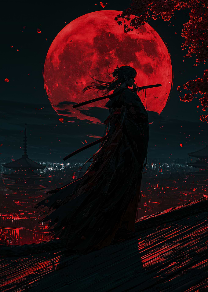 Samurai Silhouette Under Red Moon