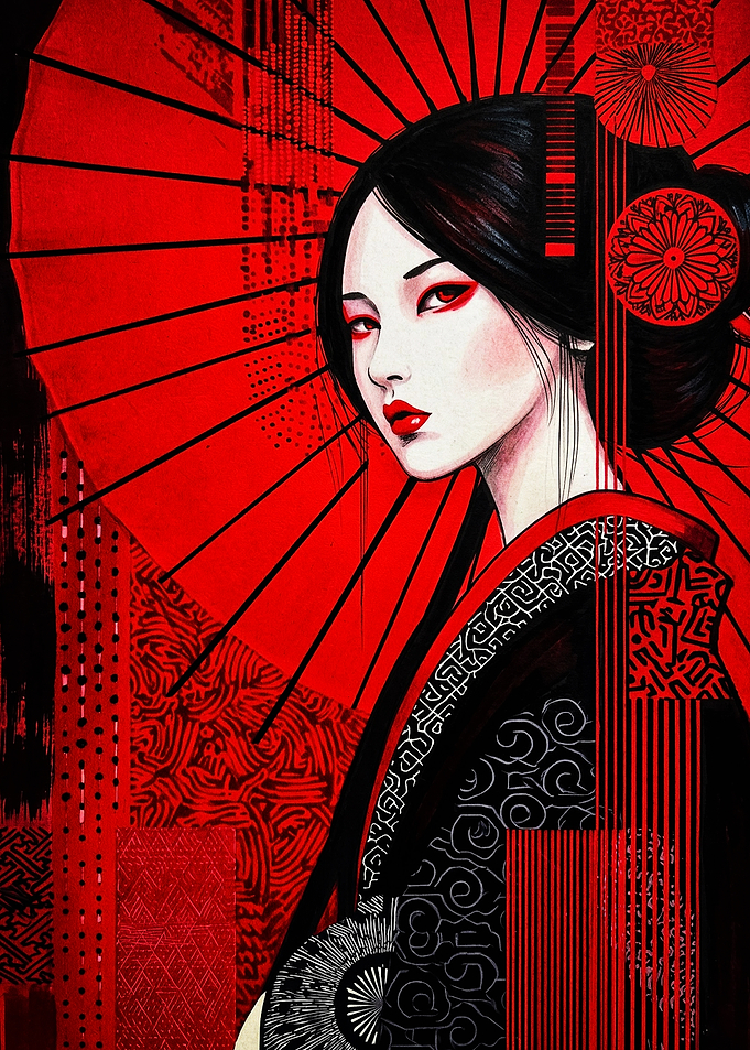 Geisha with Red Umbrella Illustration
