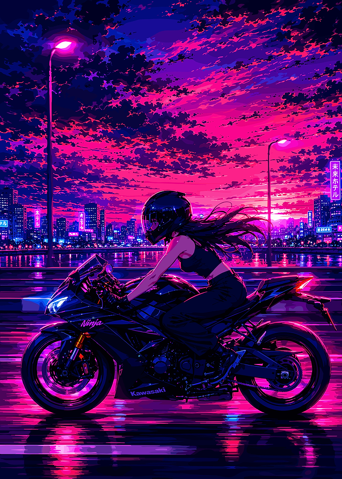 Cyberpunk Biker Girl on Kawasaki Ninja