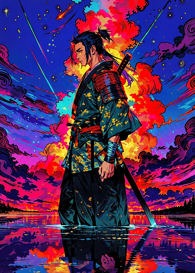 Neon Samurai Standing in Water