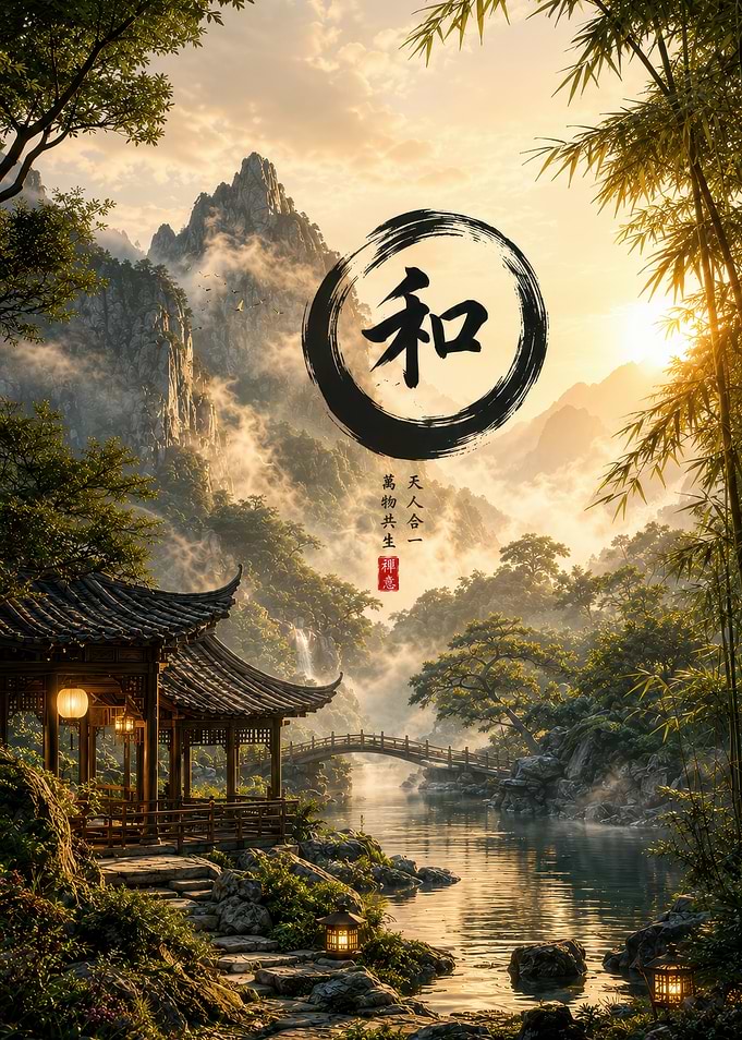 Zen Garden Landscape with Calligraphy
