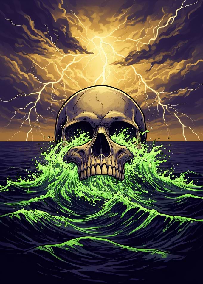 Skull Rising from Neon Green Waves
