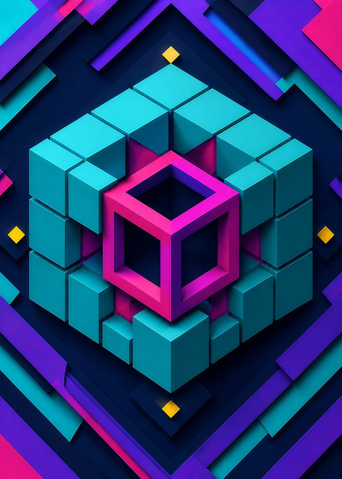 Negative Space Cube Optical Illusion with Turquoise Blocks, Magenta Cubic Frame and Layered Geometric Depth