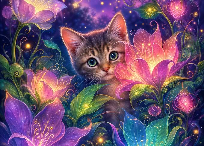 Cute Kitten in Magical Glowing Garden