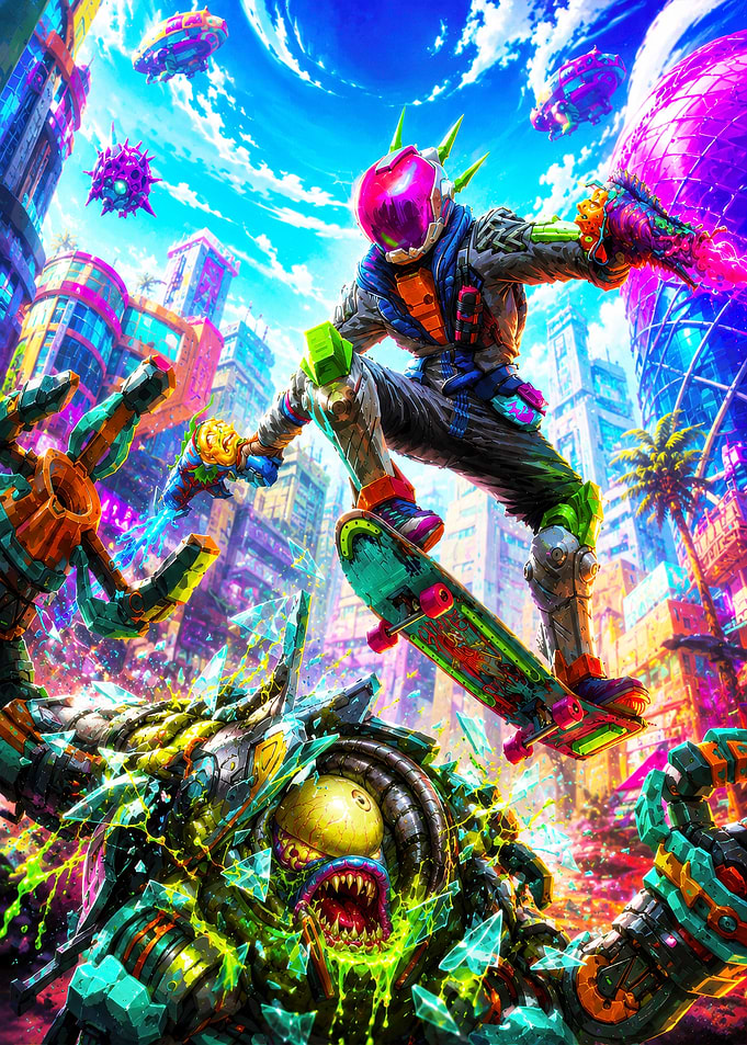 Cyberpunk Skater Battling Alien Monster