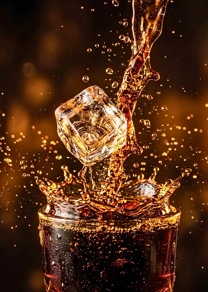 Refreshing Cola Splash with Ice Cube