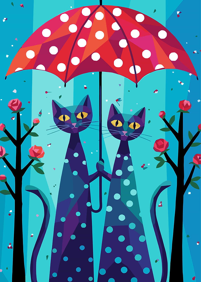 Two Cats Under Red Polka-Dot Umbrella