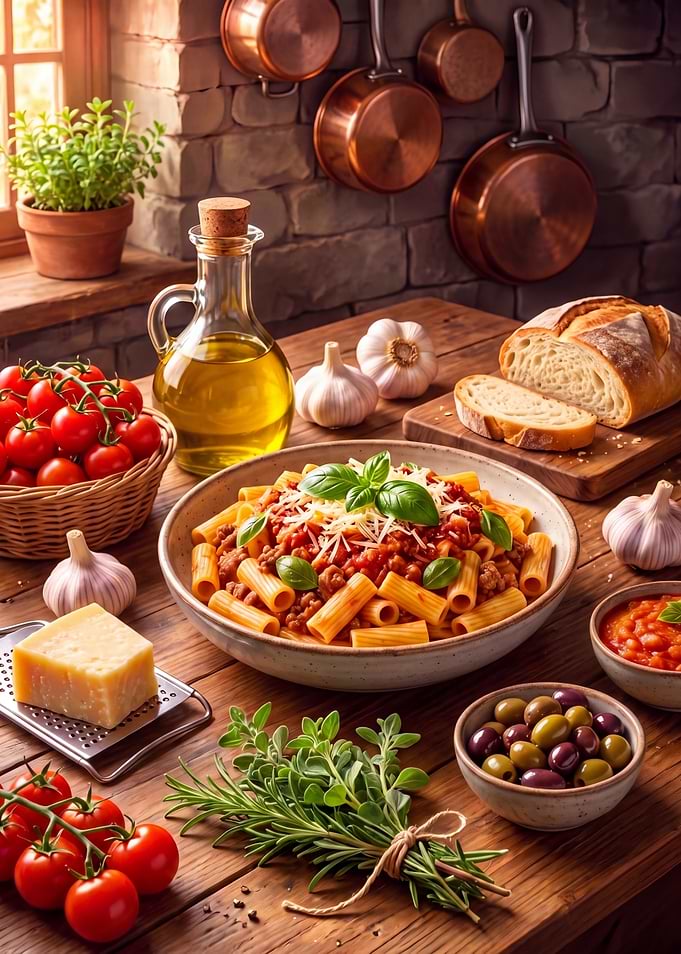 Rustic Italian Pasta Dinner Scene