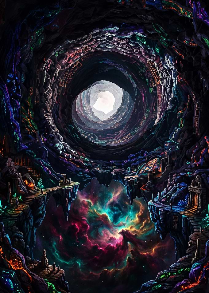 Cosmic Cave with Floating Islands