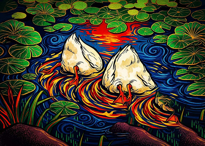 Ducks Diving in Vibrant Pond
