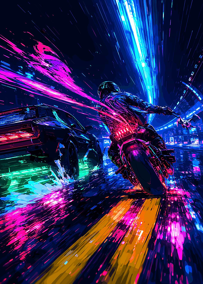 Cyberpunk Motorcycle Chase at Night