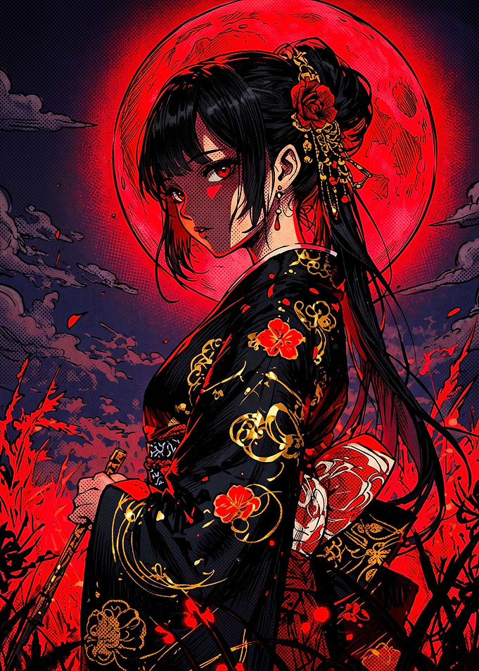 Anime Girl in Kimono Under Red Moon