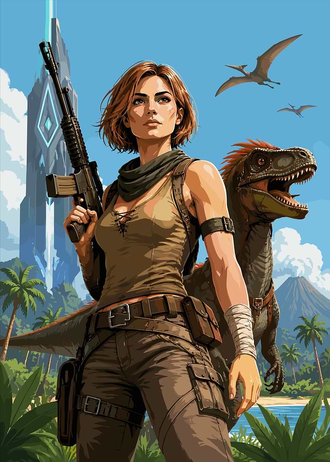 Adventurer with Raptor in Tropical Setting